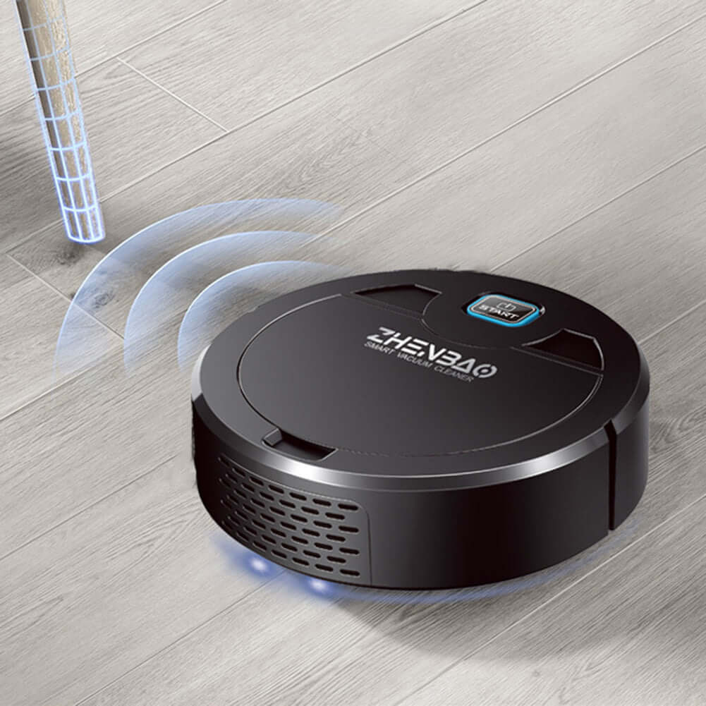 Intelligent cleaning robot from FreshBot navigating hardwood floor with sensors.